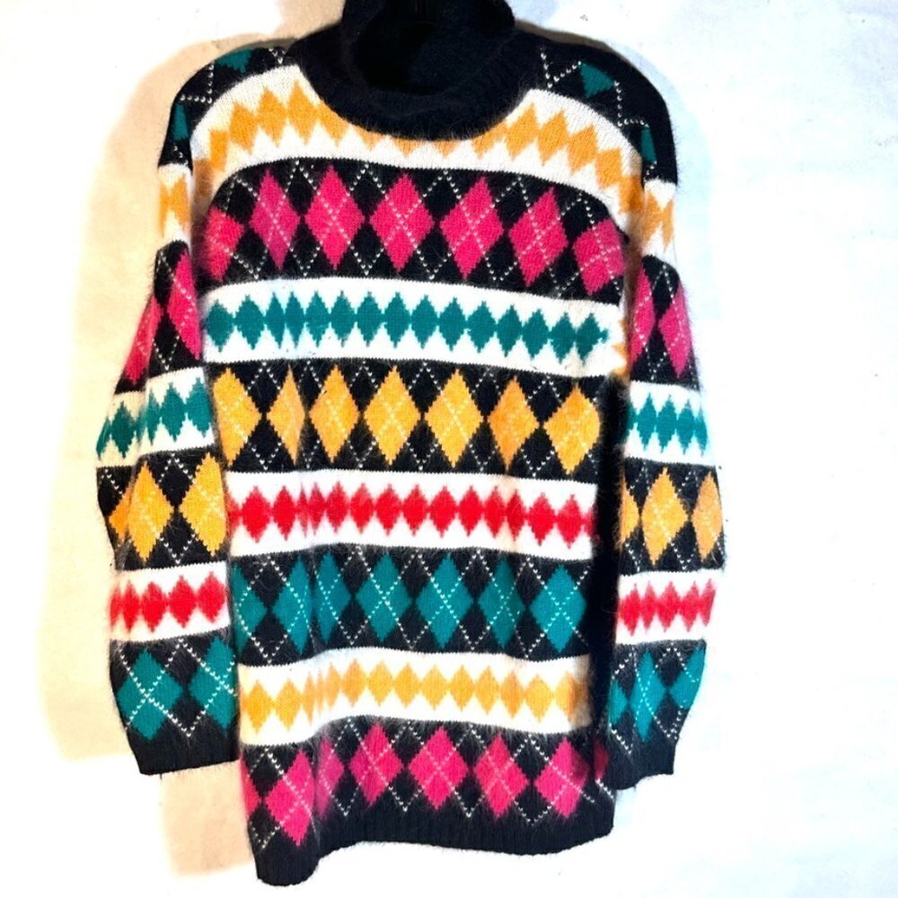 Angora Sweater Rabbit Hair Lambswool Size Small Harlequin Turtleneck Black Pink